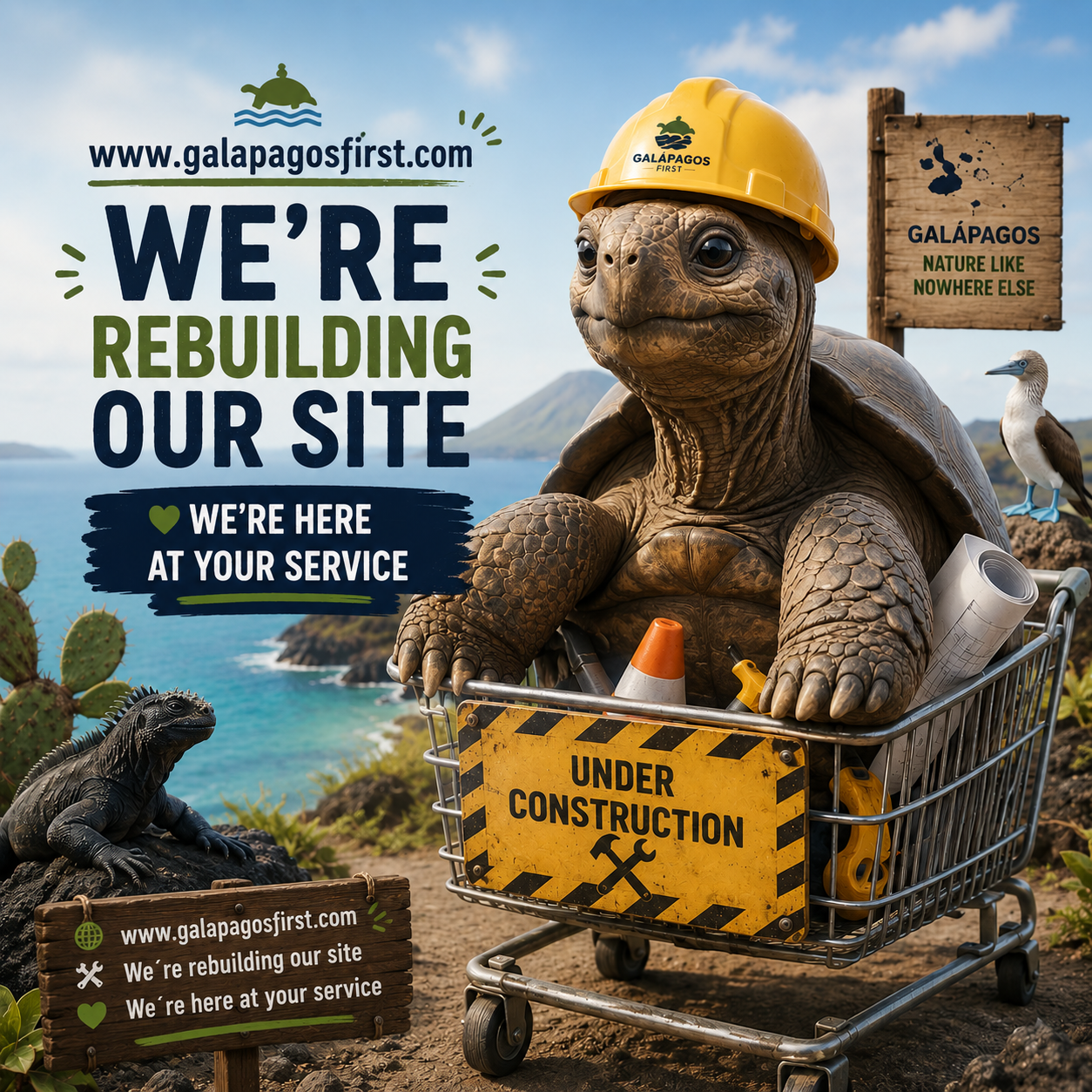 Galapagos First under construction with a turtle wearing a hard hat in the Galapagos landscape