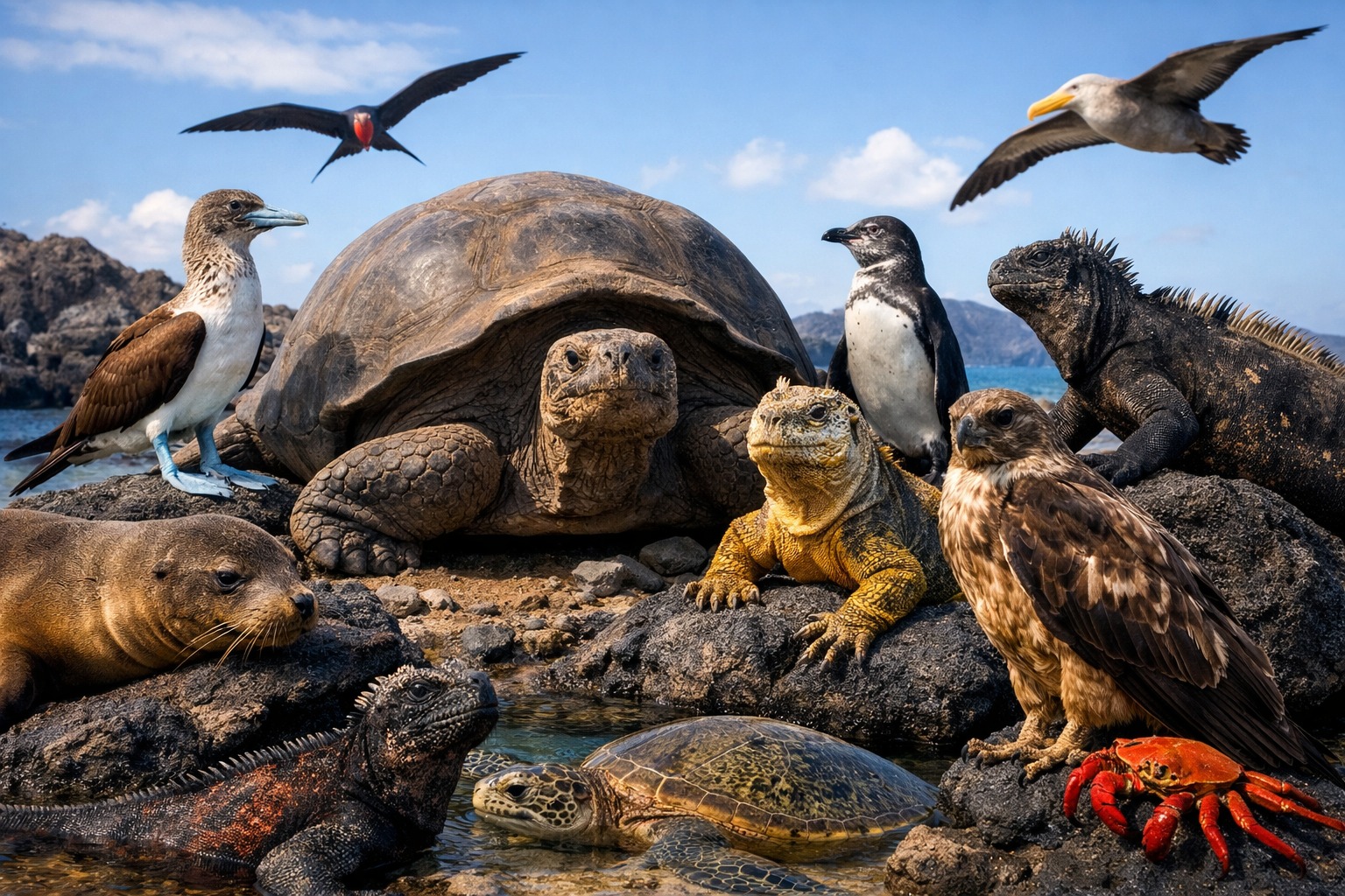 Galapagos wildlife with giant tortoise, birds, sea lion and marine iguanas